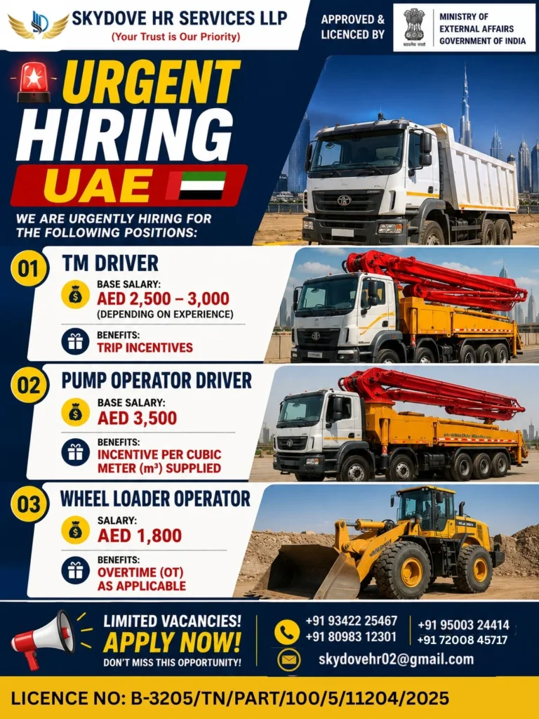 UAE Urgent Hiring 2026 – TM Driver, Pump Operator Driver & Wheel Loader Operator Jobs | Apply Now