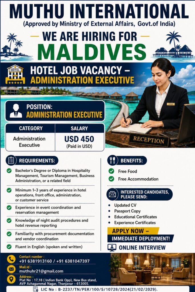 Maldives Hotel Administration Executive Job Vacancy 2026 – Apply Now | Free Food & Accommodation