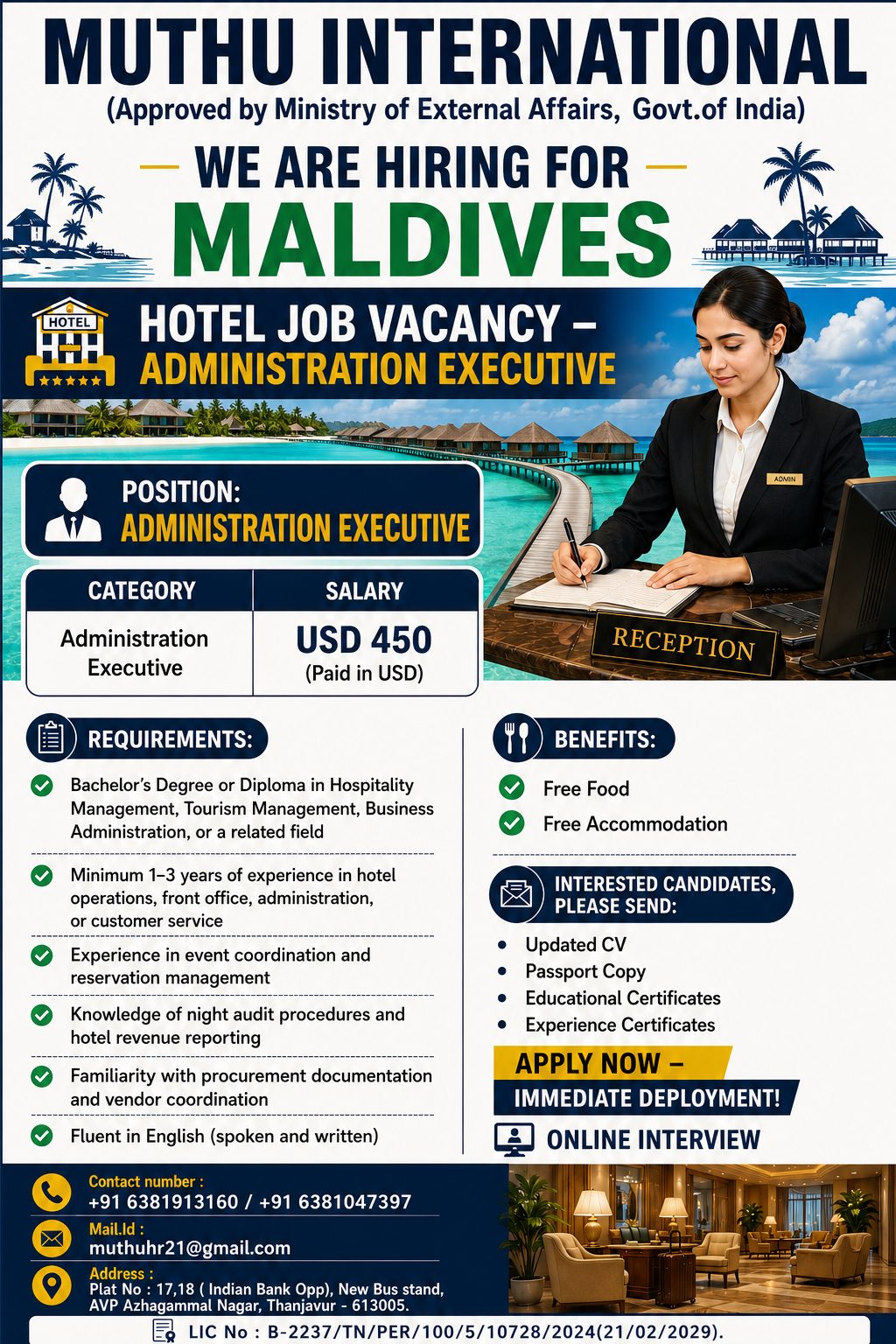 Maldives Hotel Administration Executive Job Vacancy 2026 – Apply Now | Free Food & Accommodation