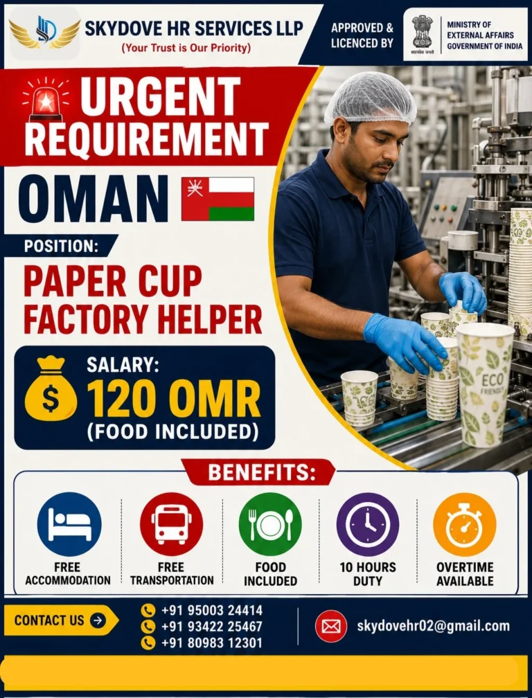 Paper Cup Factory Helper Jobs in Oman 2026 – Free Accommodation & Food Included