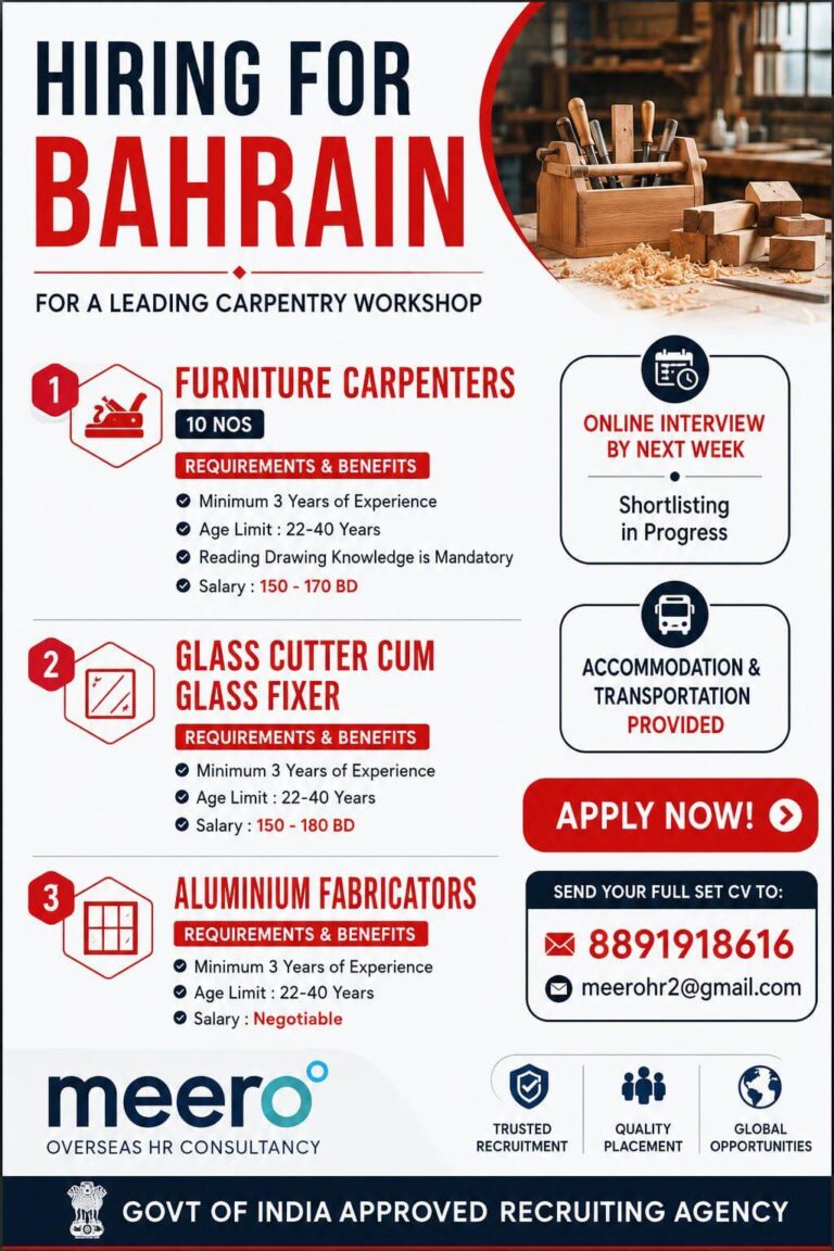 Bahrain Carpentry Workshop Recruitment 2026 – Furniture Carpenters, Glass Cutters & Aluminium Fabricators Required