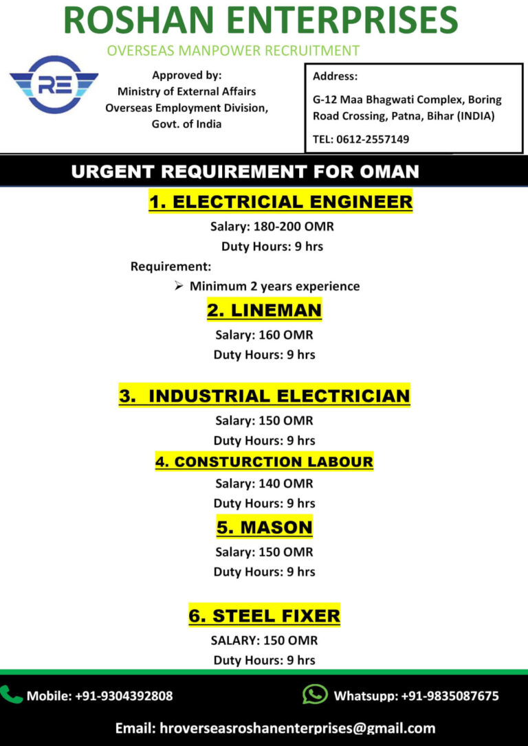 Oman Urgent Job Vacancies 2026 – Apply Now Through Roshan Enterprises