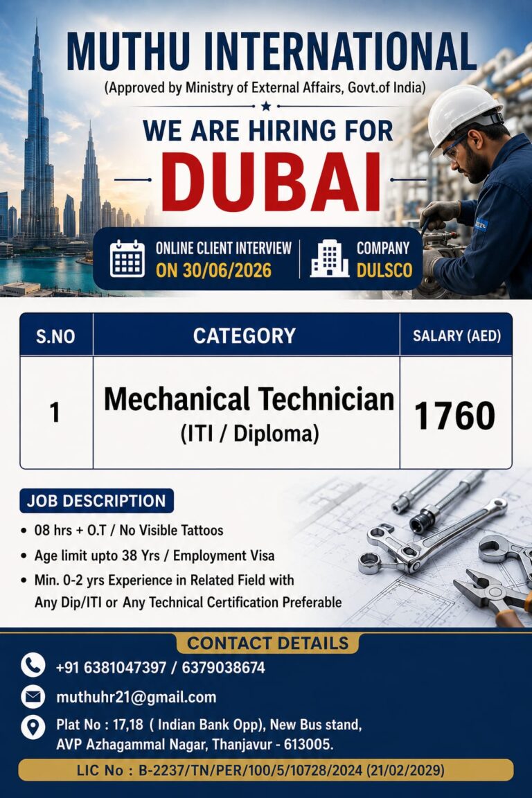Mechanical Technician Jobs in Dubai 2026 – DULSCO UAE | Online Client Interview on 30 June