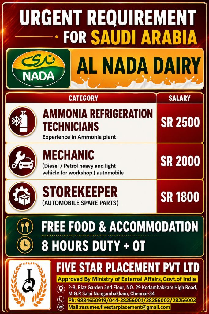Al Nada Dairy Saudi Arabia Recruitment 2026 – Ammonia Refrigeration Technicians, Mechanics & Storekeepers