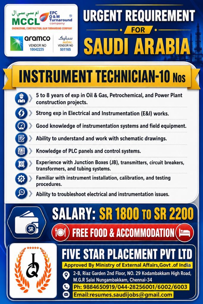 Instrument Technician Jobs in Saudi Arabia 2026 | MCCL EPC Turnaround Company | Apply Now
