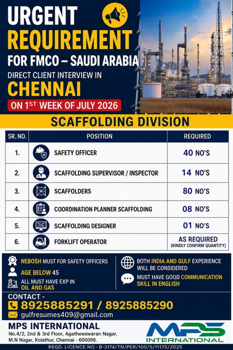 Urgent Scaffolding Jobs in Saudi Arabia 2026 | Direct Client Interview in Chennai