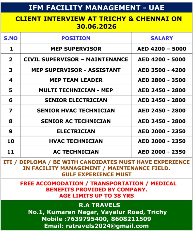IFM Facility Management UAE Jobs 2026 – Client Interview at Trichy & Chennai on 30 June 2026