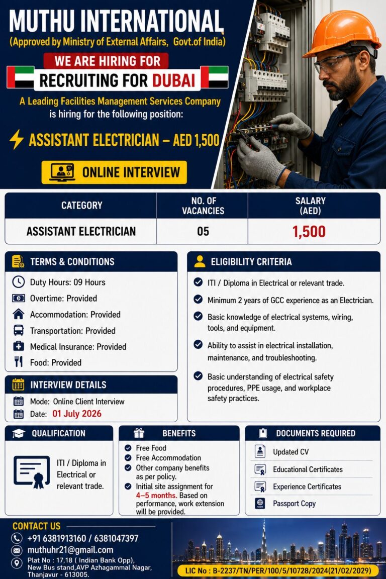 Assistant Electrician Jobs in Dubai 2026 – Online Interview | Salary AED 1,500