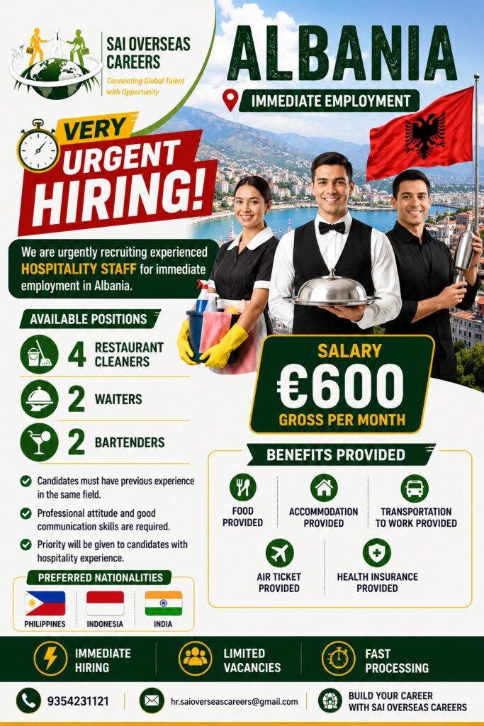 Albania Hospitality Jobs 2026 – Immediate Hiring | Restaurant Cleaners, Waiters & Bartenders
