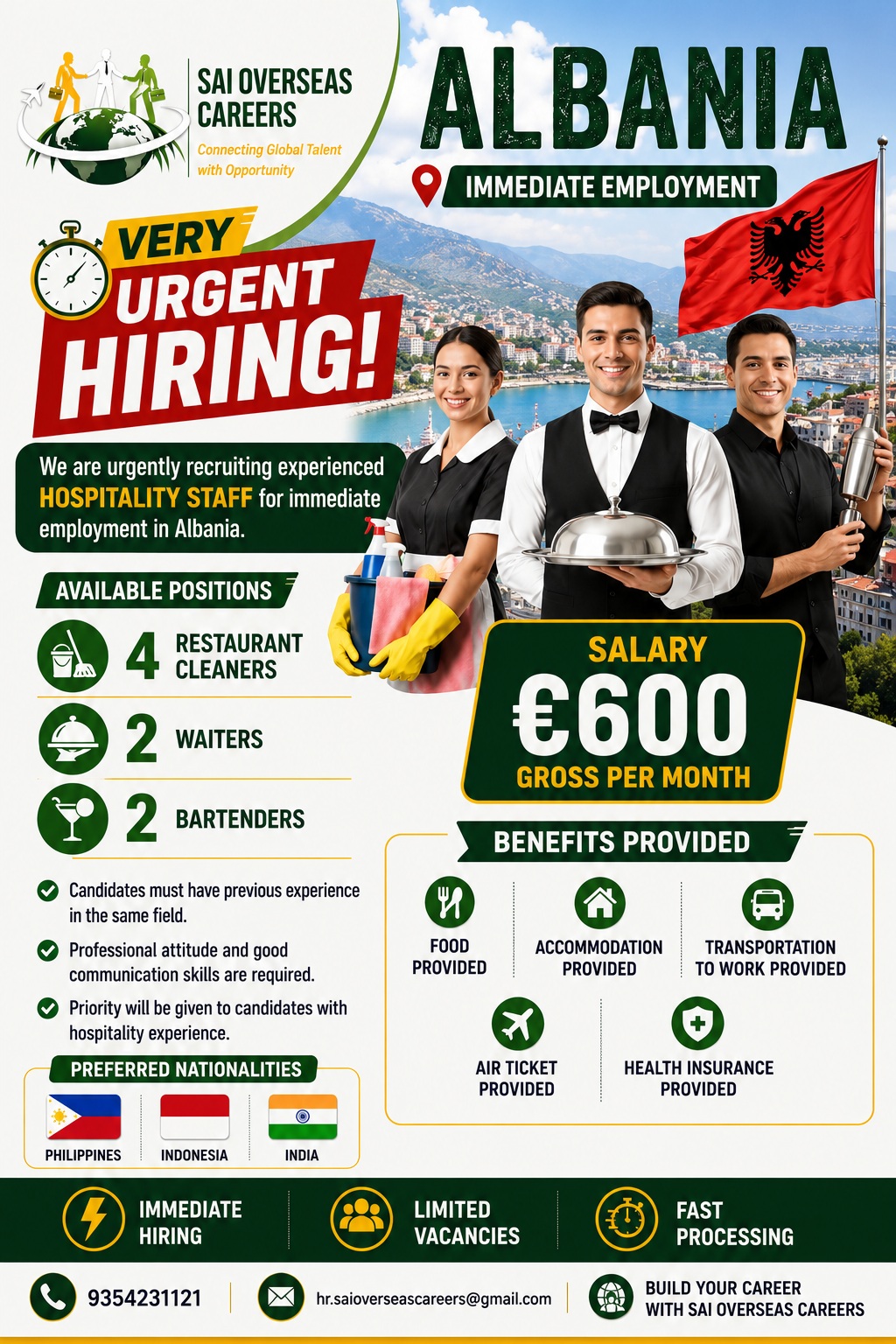 Albania Hospitality Jobs 2026 – Immediate Hiring | Restaurant Cleaners, Waiters & Bartenders