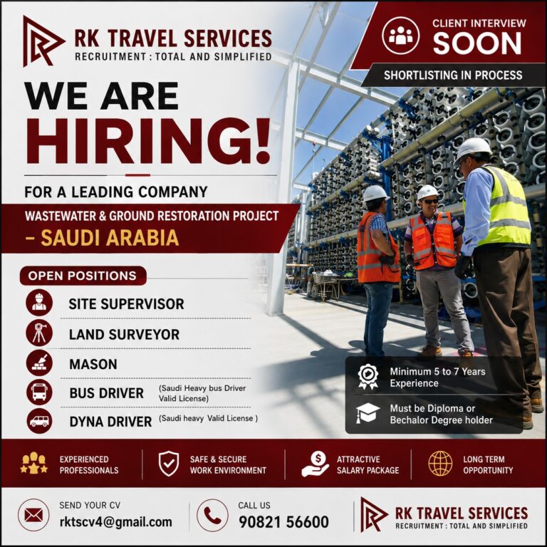 Saudi Arabia Wastewater & Ground Restoration Project Jobs 2026 | Apply Through RK Travel Services