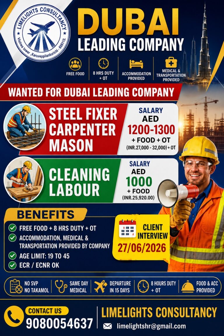 Dubai Leading Company Jobs 2026 – Steel Fixer, Carpenter, Mason & Cleaning Labour Vacancies