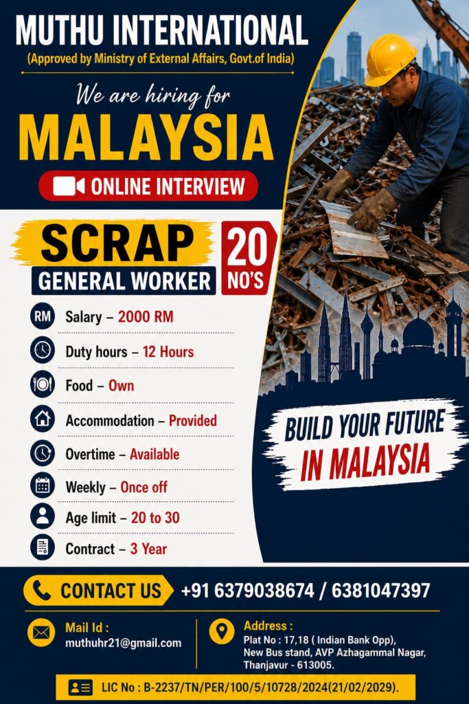 Malaysia Scrap General Worker Jobs 2026 – Online Interview | Salary 2000 RM