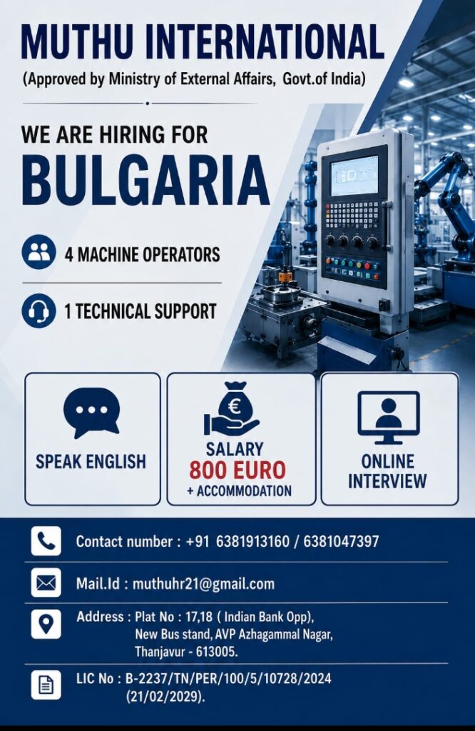 Bulgaria Machine Operator & Technical Support Jobs 2026 – Online Interview | Salary €800 + Accommodation