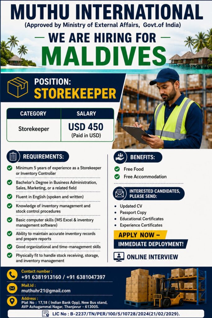 Storekeeper Jobs in Maldives 2026 – Immediate Hiring | Apply Online