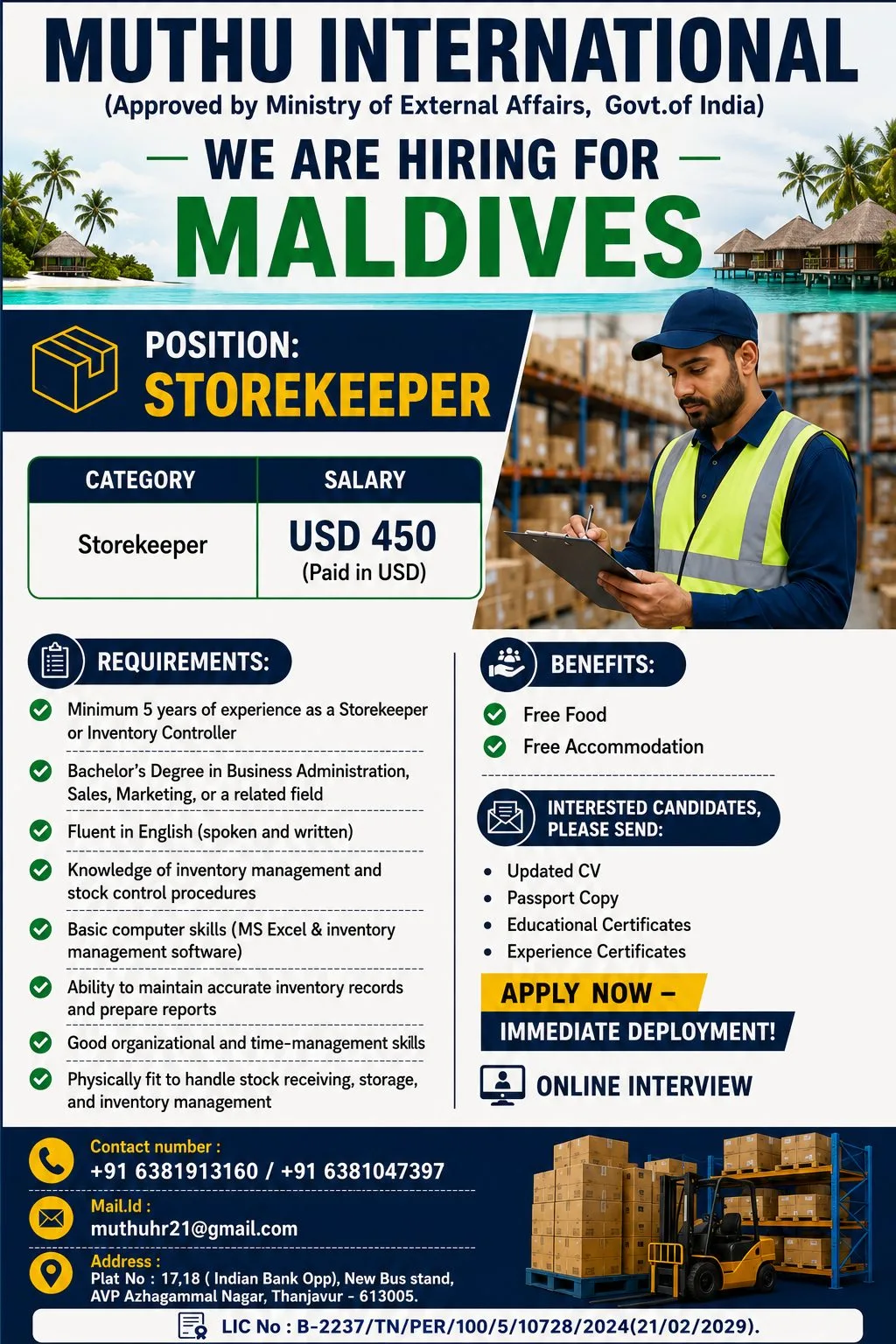 Storekeeper Jobs in Maldives 2026 – Immediate Hiring | Apply Online