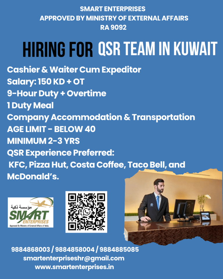Hiring for QSR Team in Kuwait – Cashier & Waiter Cum Expeditor Jobs | Salary 150 KD + OT