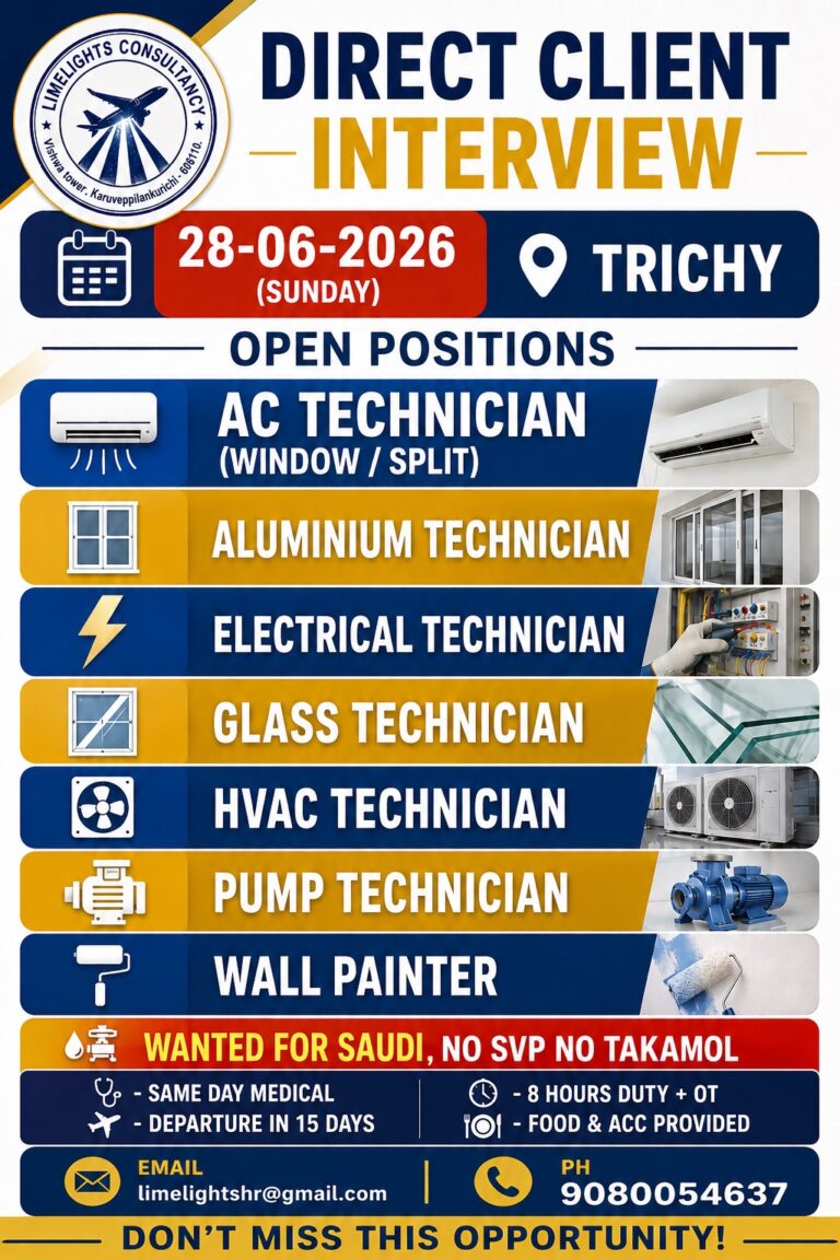 Saudi Arabia Jobs 2026 – Direct Client Interview for AC, HVAC, Electrical & More | Trichy Interview on 28 June 2026