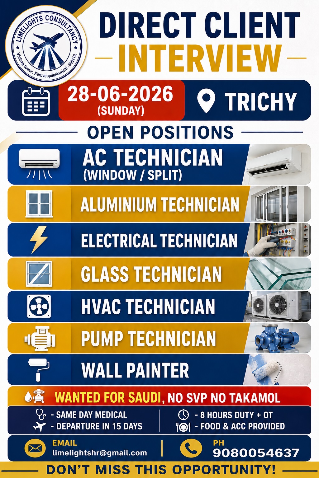 Saudi Arabia Jobs 2026 – Direct Client Interview for AC, HVAC, Electrical & More | Trichy Interview on 28 June 2026