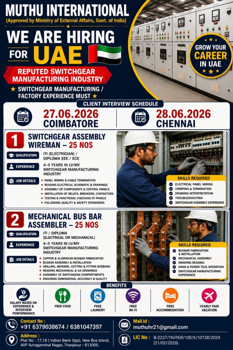 Muthu International UAE Jobs 2026 – Switchgear Manufacturing Industry Recruitment | Client Interview on June 27 & 28