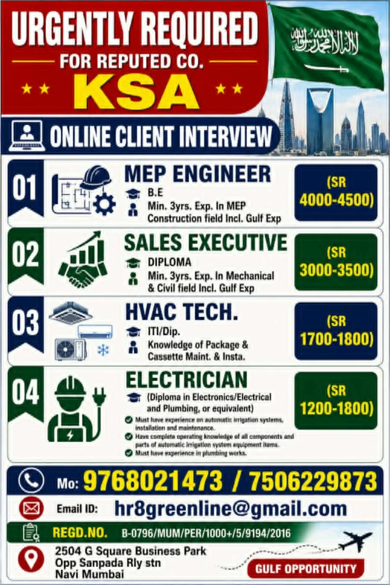 Urgently Required for Reputed Company in Saudi Arabia (KSA) – Online Client Interview