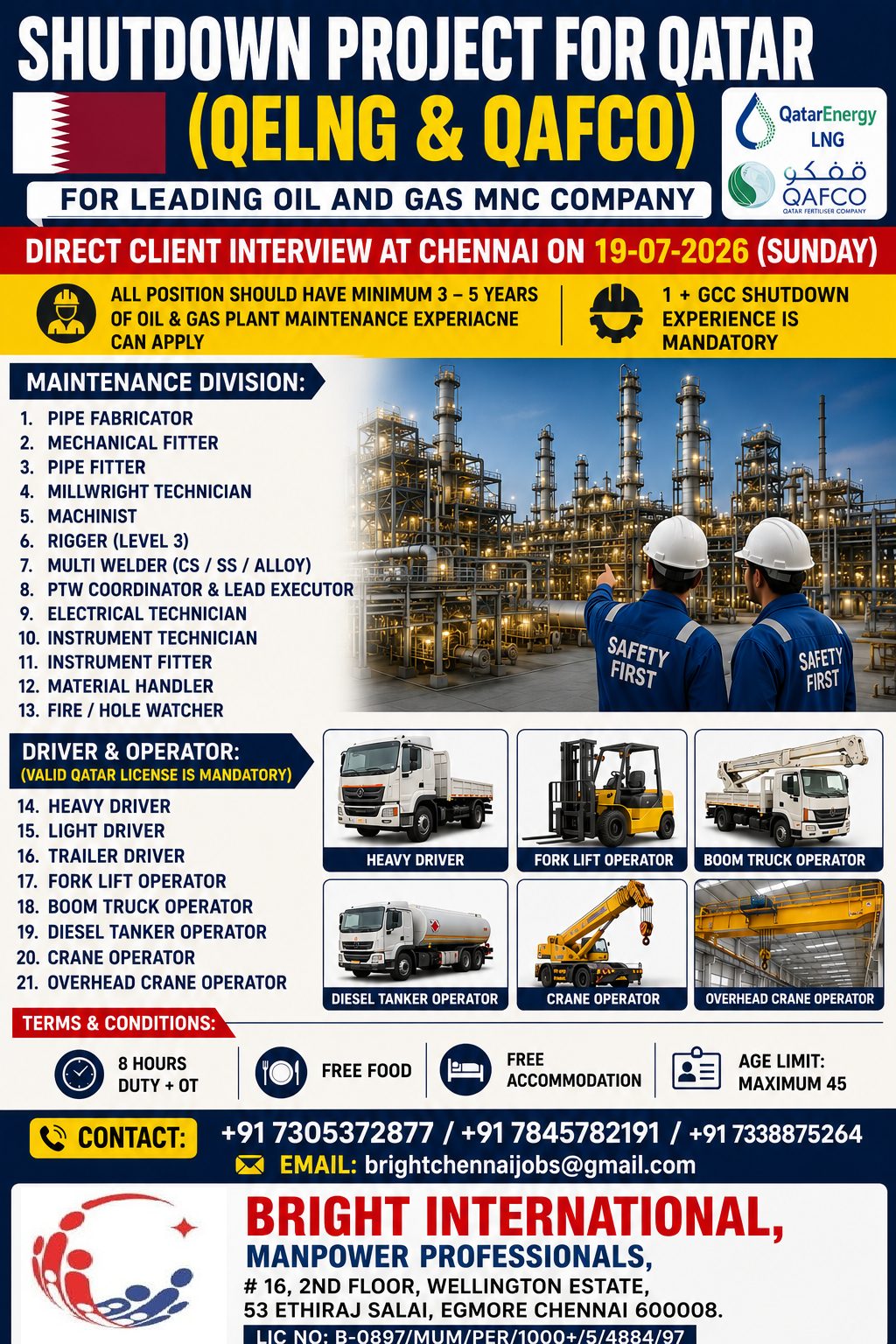 Qatar Shutdown Project Jobs 2026 – QELNG & QAFCO | Direct Client Interview in Chennai