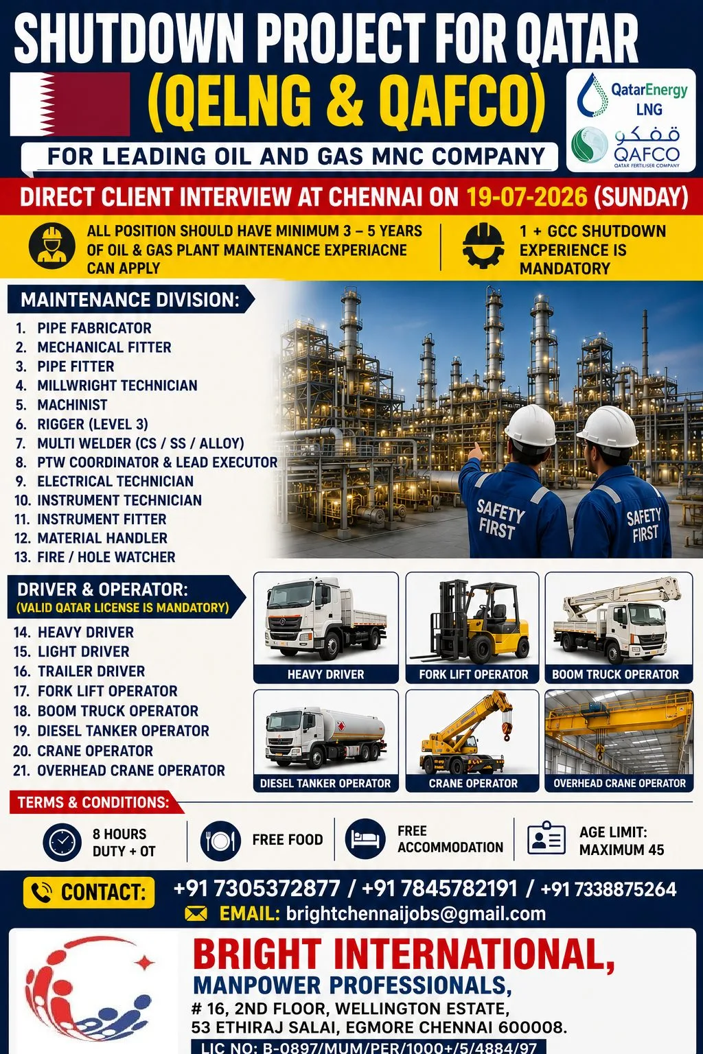 Qatar Shutdown Project Jobs 2026 – QELNG & QAFCO | Direct Client Interview in Chennai