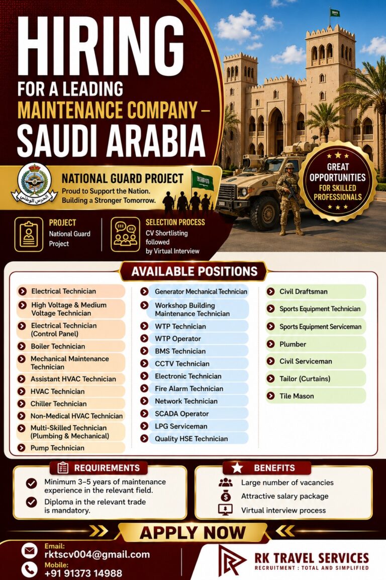 Hiring for a Leading Maintenance Company – Saudi Arabia | National Guard Project