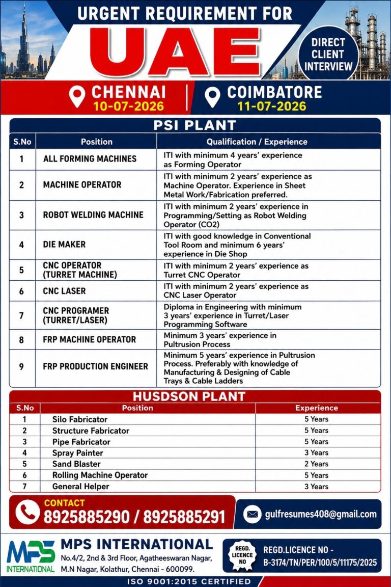 UAE Jobs 2026 – Direct Client Interview for PSI Plant & Husdson Plant | Chennai & Coimbatore