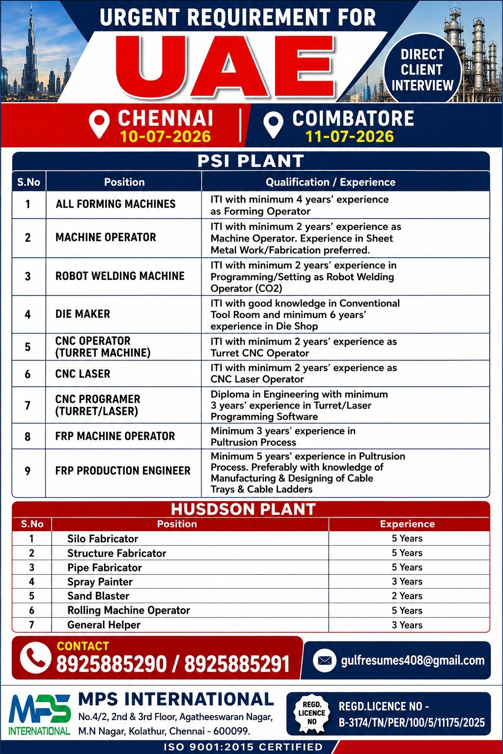UAE Jobs 2026 – Direct Client Interview for PSI Plant & Husdson Plant | Chennai & Coimbatore