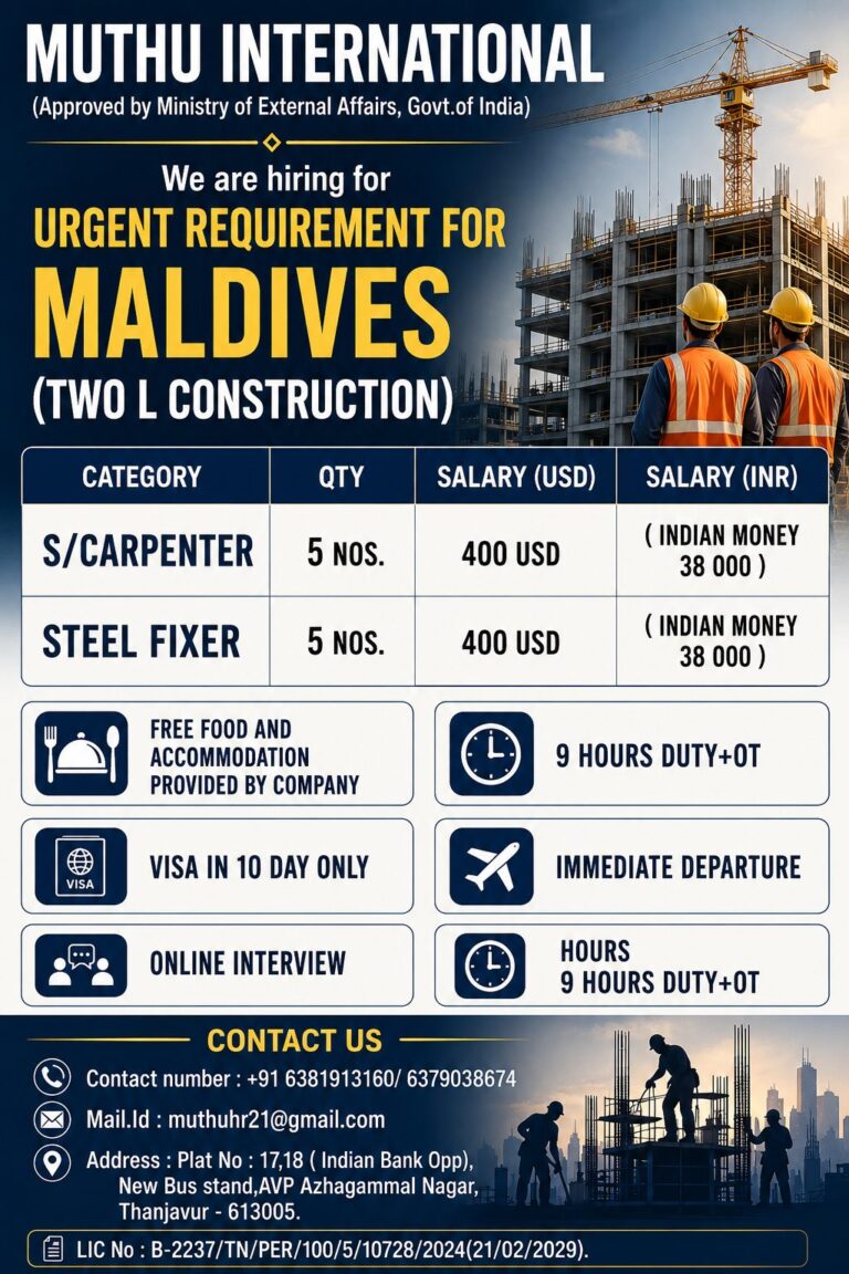 Maldives Construction Jobs 2026 – Carpenter & Steel Fixer Vacancies | Free Food & Accommodation
