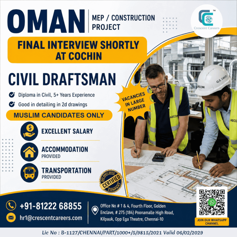 Civil Draftsman Jobs in Oman 2026 | Final Interview Shortly at Cochin