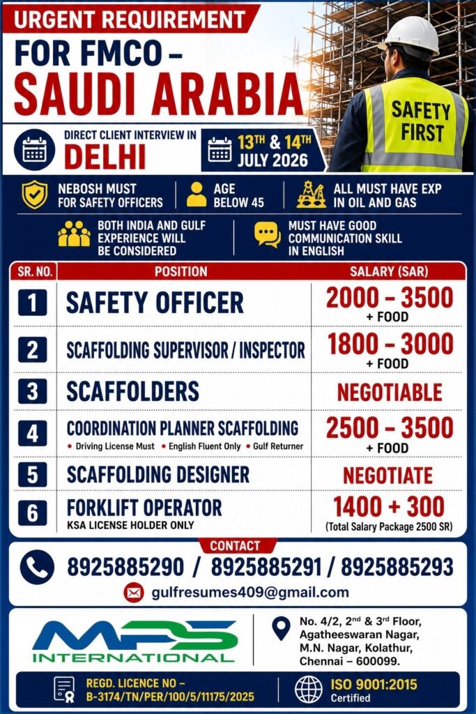 Urgent Requirement for FMCO – Saudi Arabia | Direct Client Interview in Delhi | Oil & Gas Jobs 2026