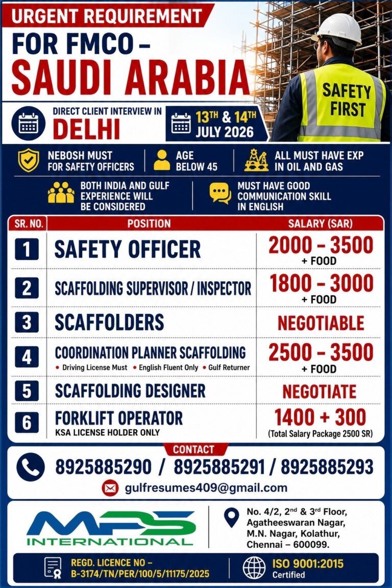 Urgent Requirement for FMCO – Saudi Arabia | Direct Client Interview in Delhi | Oil & Gas Jobs 2026
