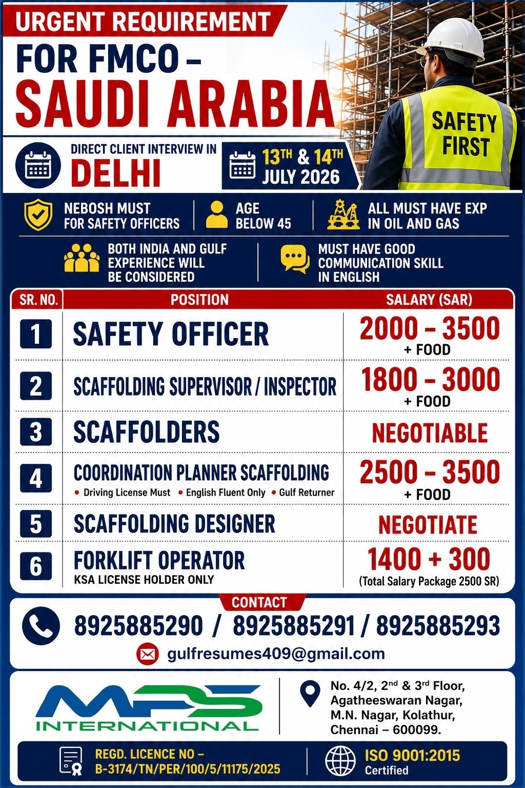 Urgent Requirement for FMCO – Saudi Arabia | Direct Client Interview in Delhi | Oil & Gas Jobs 2026