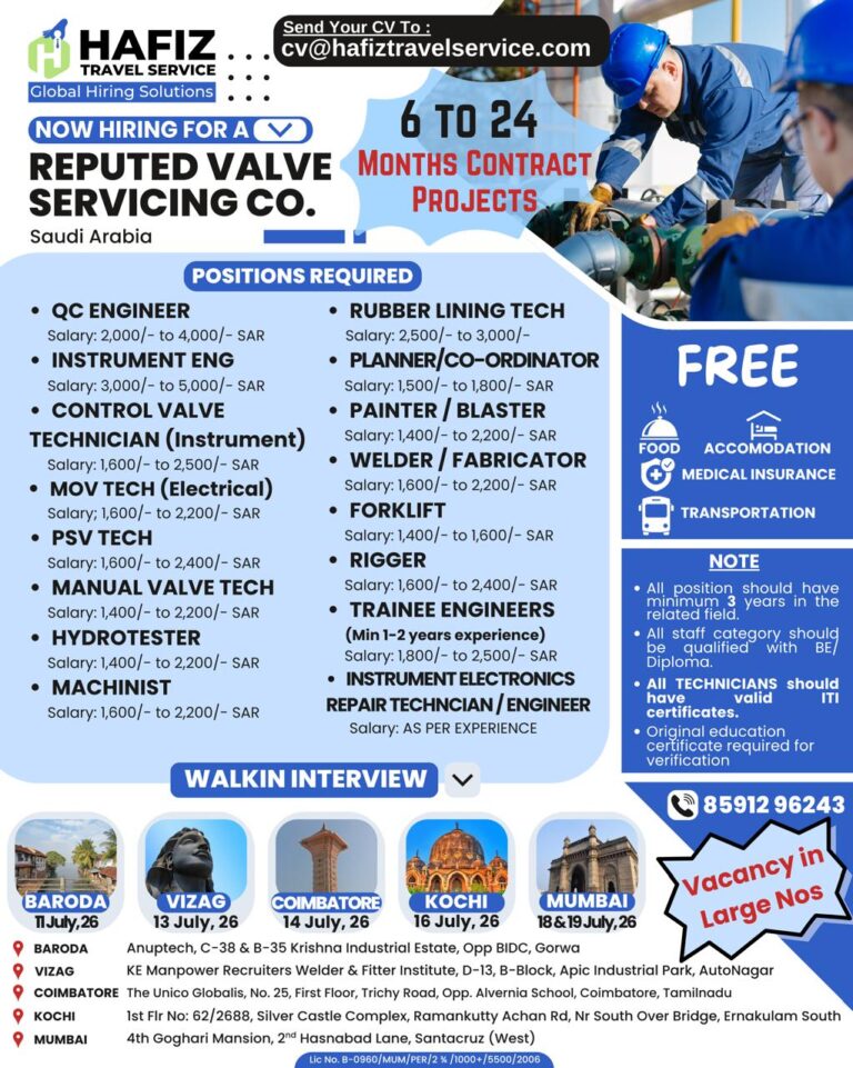 Saudi Arabia Valve Servicing Company Jobs 2026 – Walk-in Interview for Engineers, Technicians & Skilled Workers