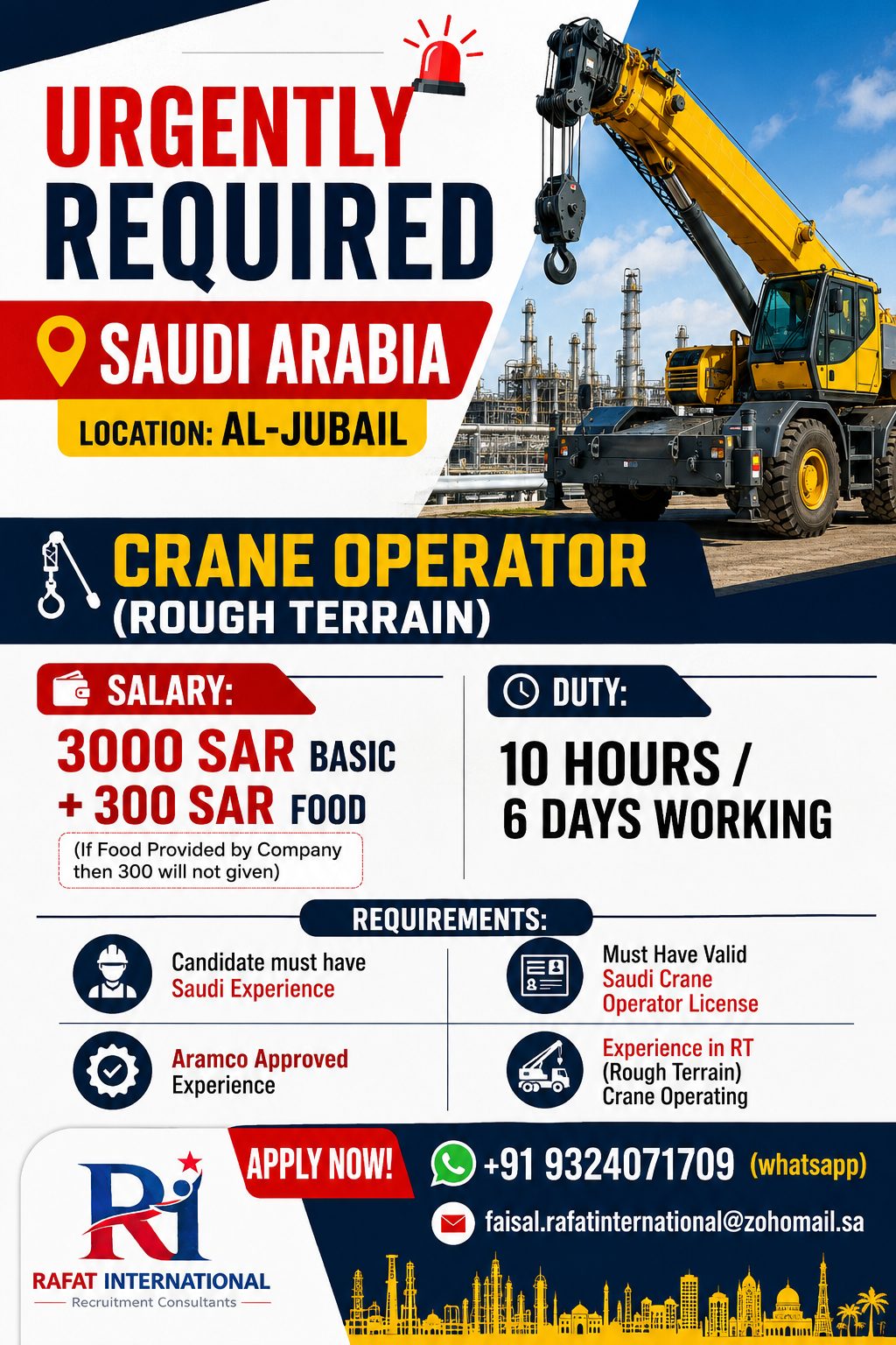 Crane Operator (Rough Terrain) Jobs in Saudi Arabia – Al Jubail | Apply Now