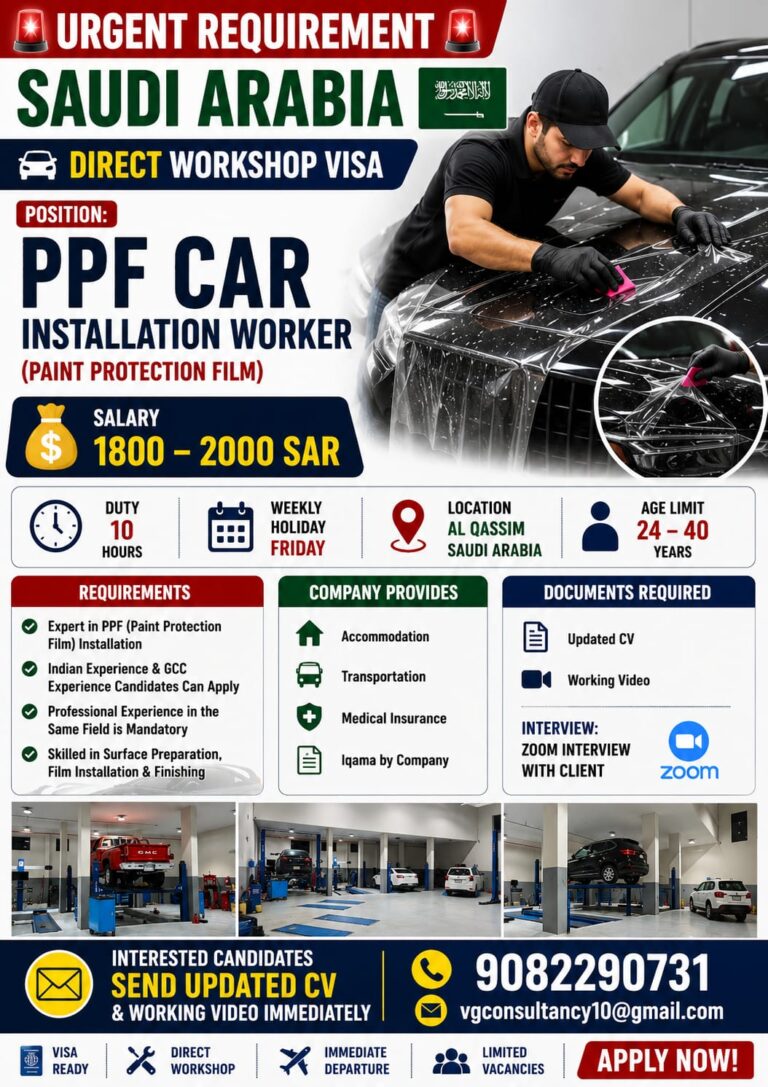 PPF Car Installation Worker Jobs in Saudi Arabia | Direct Workshop Visa | Salary Up to 2000 SAR