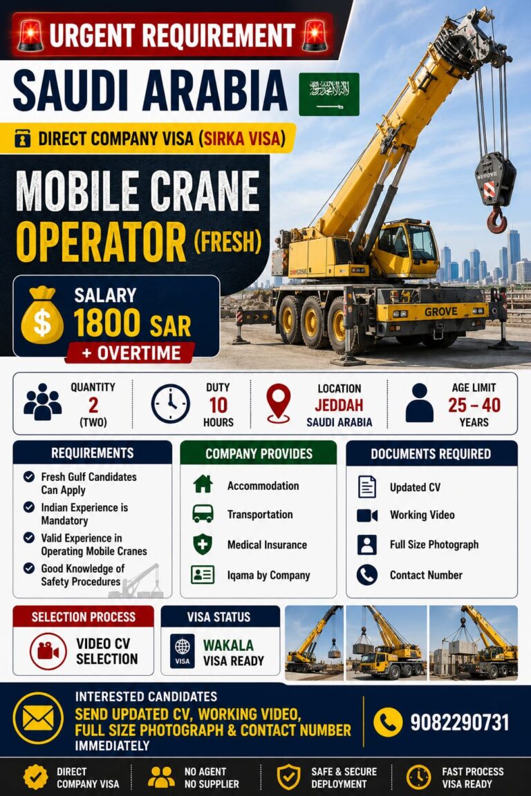 Mobile Crane Operator (Fresh) Jobs in Saudi Arabia – Direct Company Visa | Salary 1800 SAR + Overtime