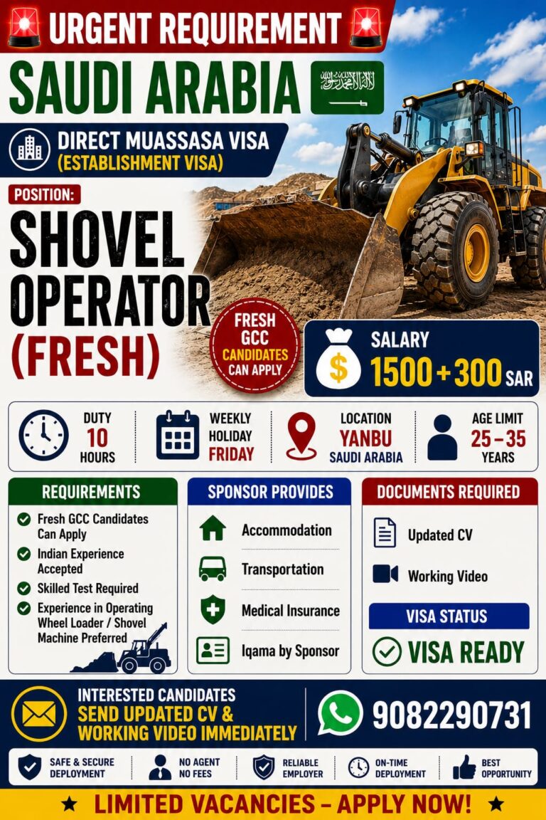 Shovel Operator Jobs in Saudi Arabia 2026 | Direct Muassasa Visa | Fresh GCC Candidates Can Apply