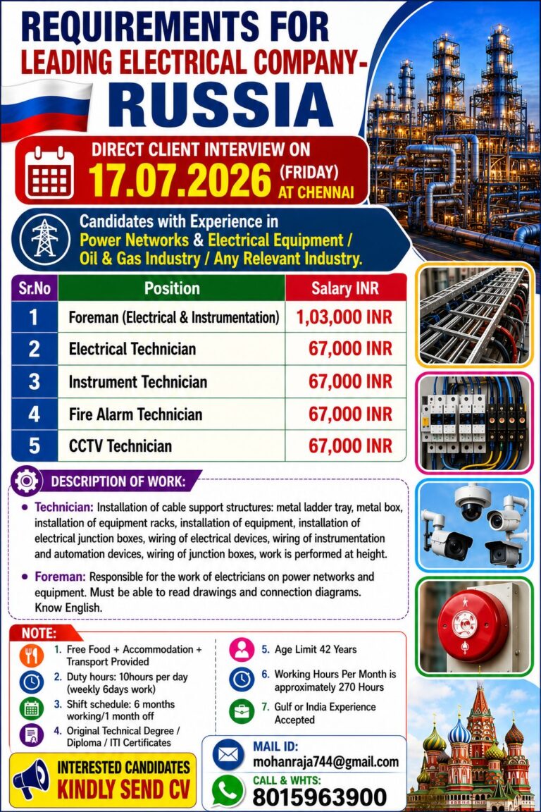 Russia Electrical Company Jobs 2026 | Direct Client Interview in Chennai | Free Food & Accommodation