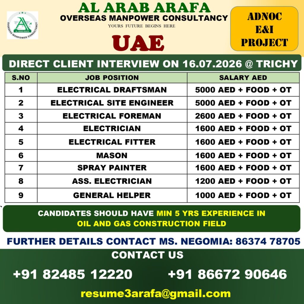 UAE ADNOC E&I Project Jobs 2026 – Direct Client Interview in Trichy | Electrical & Oil & Gas Vacancies