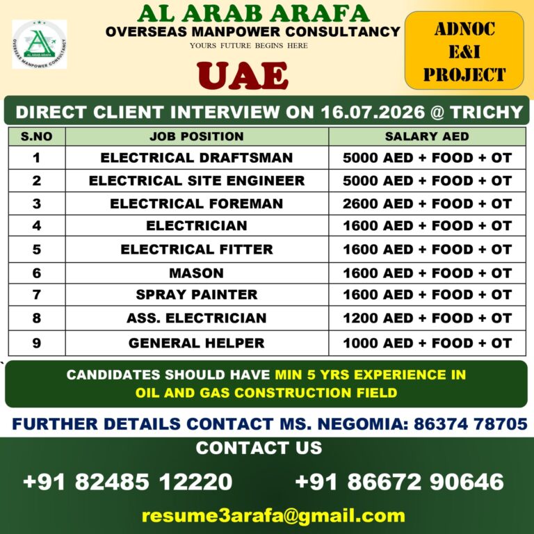 UAE ADNOC E&I Project Jobs 2026 – Direct Client Interview in Trichy | Electrical & Oil & Gas Vacancies