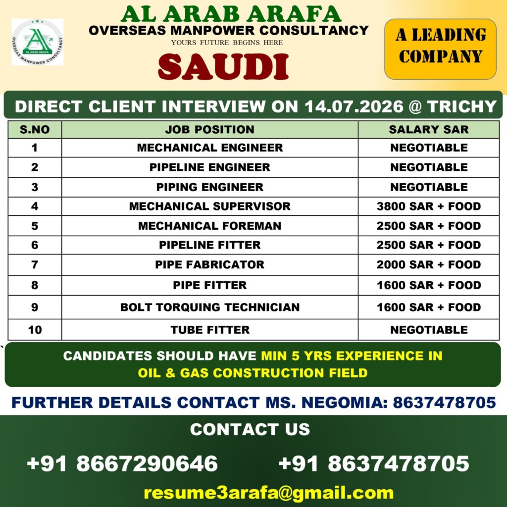 Saudi Arabia Oil & Gas Construction Jobs 2026 | Direct Client Interview at Trichy | Mechanical, Pipeline & Pipe Fitter Vacancies
