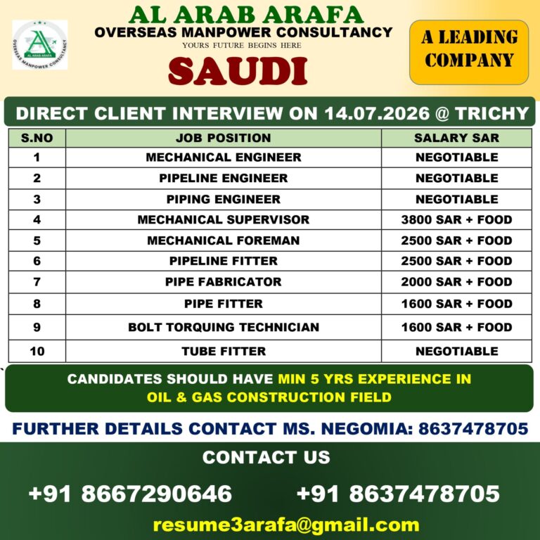 Saudi Arabia Oil & Gas Construction Jobs 2026 | Direct Client Interview at Trichy | Mechanical, Pipeline & Pipe Fitter Vacancies