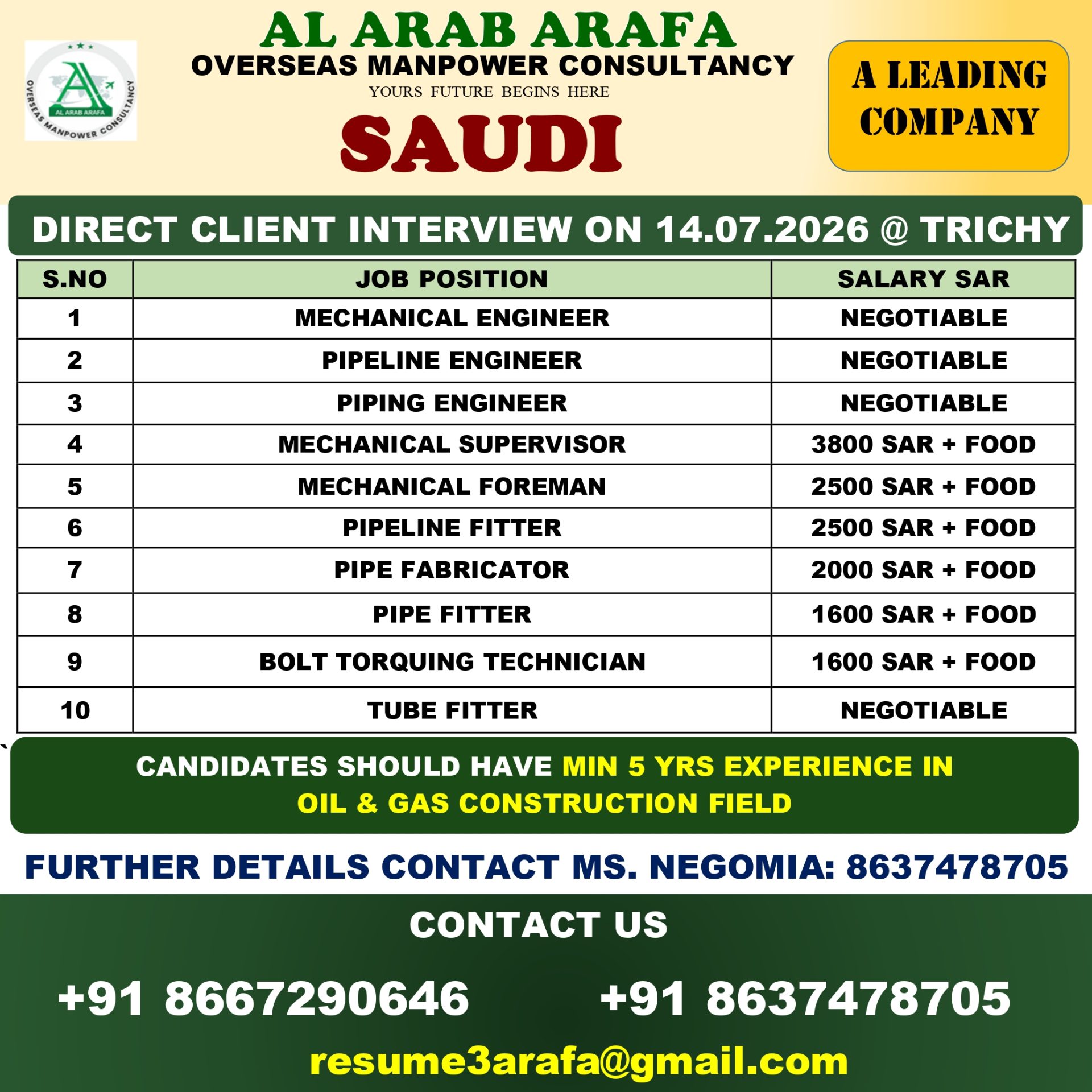 Saudi Arabia Oil & Gas Construction Jobs 2026 | Direct Client Interview at Trichy | Mechanical, Pipeline & Pipe Fitter Vacancies