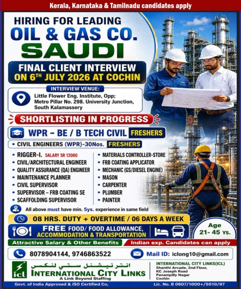 Saudi Oil & Gas Company Jobs 2026 – Final Client Interview at Cochin | Apply Now