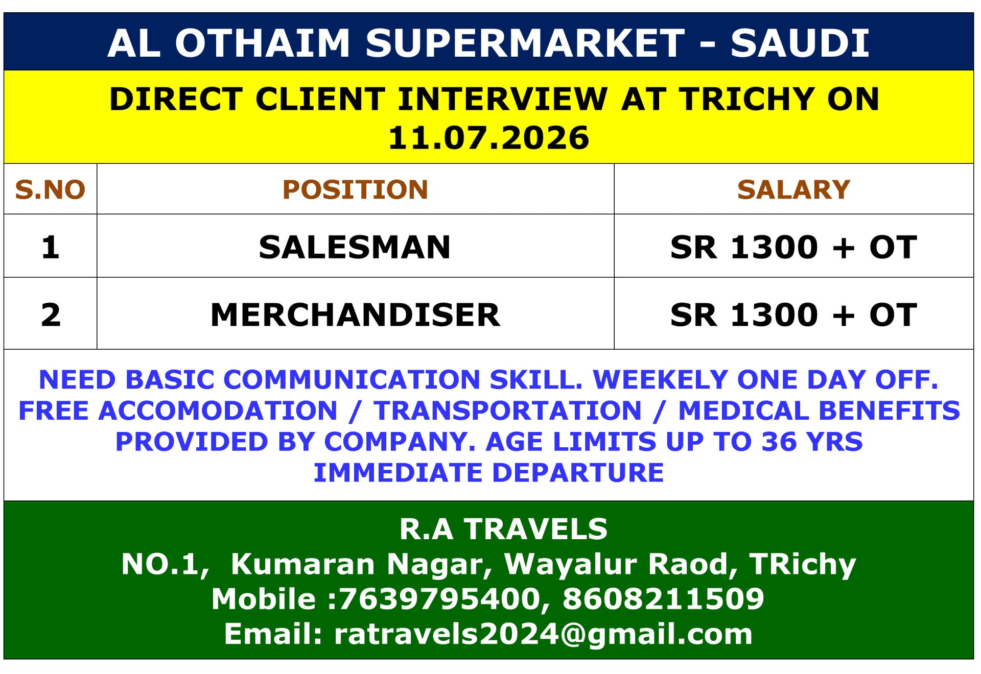 Al Othaim Supermarket Saudi Jobs 2026 – Direct Client Interview at Trichy | Salesman & Merchandiser Vacancies