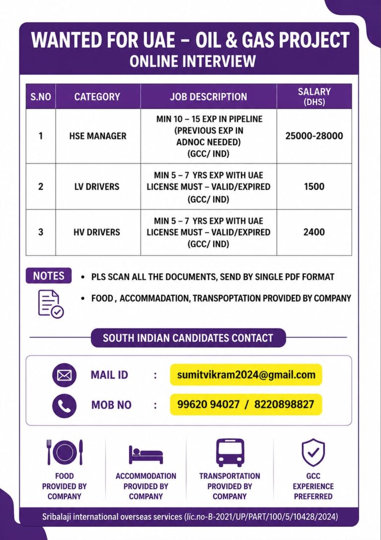 UAE Oil & Gas Project Jobs 2026 – Online Interview | HSE Manager, LV Driver & HV Driver Vacancies