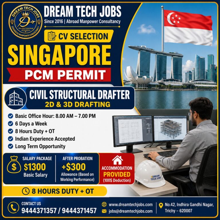 Singapore Civil Structural Drafter Jobs 2026 – PCM Permit | Dream Tech Jobs | Apply Now